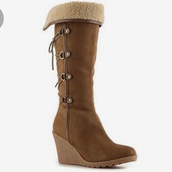 Women's Brown Faux Fur Lace Up Zipper Wedge Boots - Picture 1 of 15